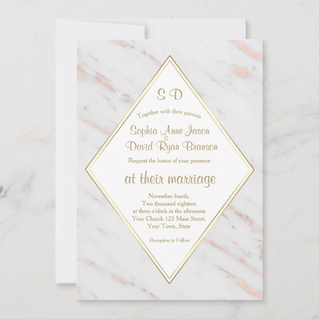 Invitación Elegante Rosa de diamantes Boda de mármol de oro (Anverso)