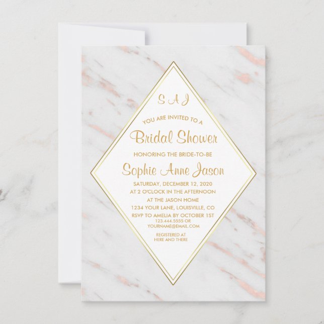 Invitación Elegante Rosa de diamantes Dorado Marble Bridal Du (Anverso)