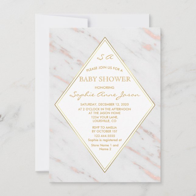 Invitación Elegante Rosa de diamantes Gold Marble Baby Shower (Anverso)