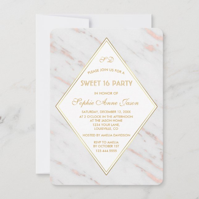 Invitación Elegante Rosa de Diamantes Oro Marble SWEET 16 Fie (Anverso)