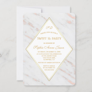 Invitación Elegante Rosa de Diamantes Oro Marble SWEET 16 Fie