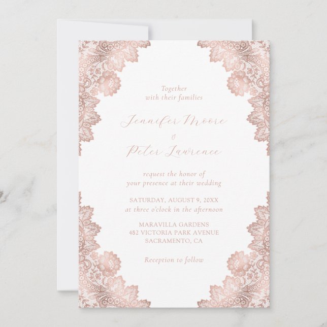 Invitación Elegante Rosa de encaje floral de boda de oro (Anverso)