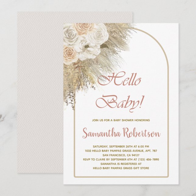 Invitación Elegante Rosa de flores de pampas Grass Boho Baby  (Anverso / Reverso)