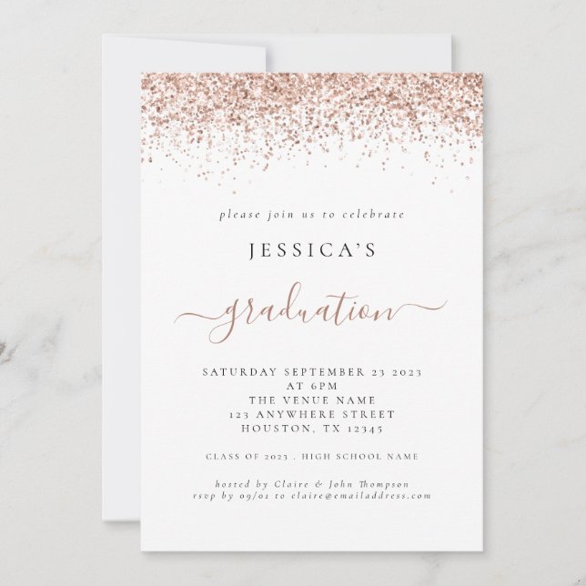 Invitación Elegante Rosa de graduación 2024 Purpurina de oro (Anverso)