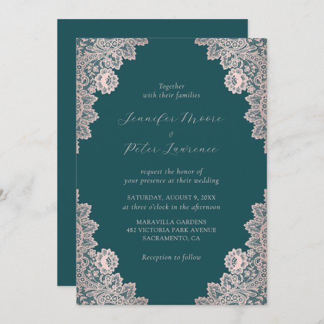 Invitación Elegante Rosa de guión oro y Boda Verde azulado (Anverso / Reverso)