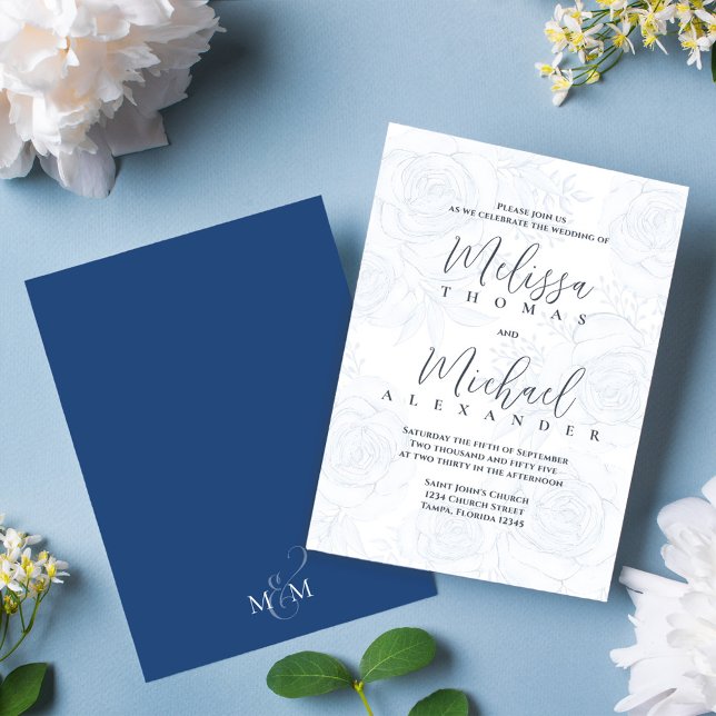 Invitación Elegante Rosa de guiones de caligrafía azul floral (Elegant wedding invitation with blue calligraphy script and block lettering. )