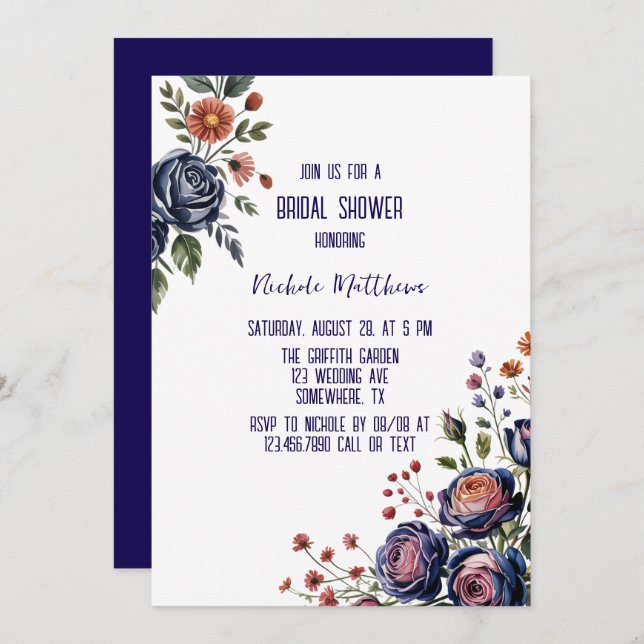 Invitación Elegante Rosa de la Armada y ducha coral de novias (Anverso / Reverso)