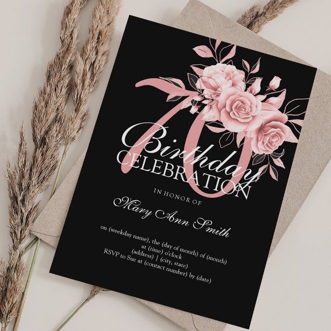 Invitación Elegante Rosa de la Fiesta de Cumpleaños 70 Gold F (Elegant 70th Birthday Party Rose Gold Floral Invitation)