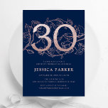 Invitación Elegante Rosa de la Marina de Oro 30 cumpleaños<br><div class="desc">Elegante rosa de oro azul marino invitación a la fiesta de cumpleaños 30. Personalizable diseño moderno femenino con acentos botánicos rosas y falso purpurina rosa oro. Sencilla tarjeta de invitación floral perfecta para una elegante celebración de cumpleaños femenina. Personaliza con tus propios detalles. Invitaciones Zazzle impresas o una plantilla imprimible...</div>