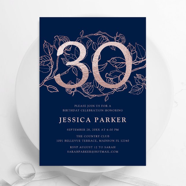 Invitación Elegante Rosa de la Marina de Oro 30 cumpleaños (Subido por el creador)