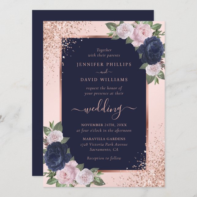 Invitación Elegante Rosa  de la Marina de Oro Azul Boda Flora (Anverso / Reverso)