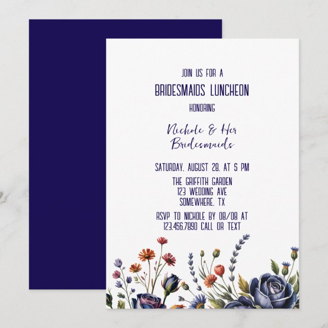 Invitación Elegante Rosa de la Marina y Bridesmaids del Coral (Anverso / Reverso)