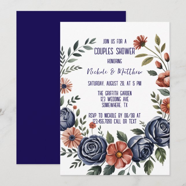 Invitación Elegante Rosa de la Marina y ducha de las parejas  (Anverso / Reverso)
