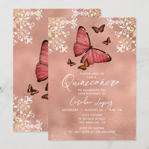 Invitación Elegante Rosa de la mariposa dorada Floral Quincea