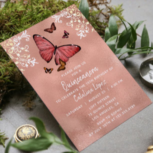 Invitación Elegante Rosa de la mariposa dorada Floral Quincea