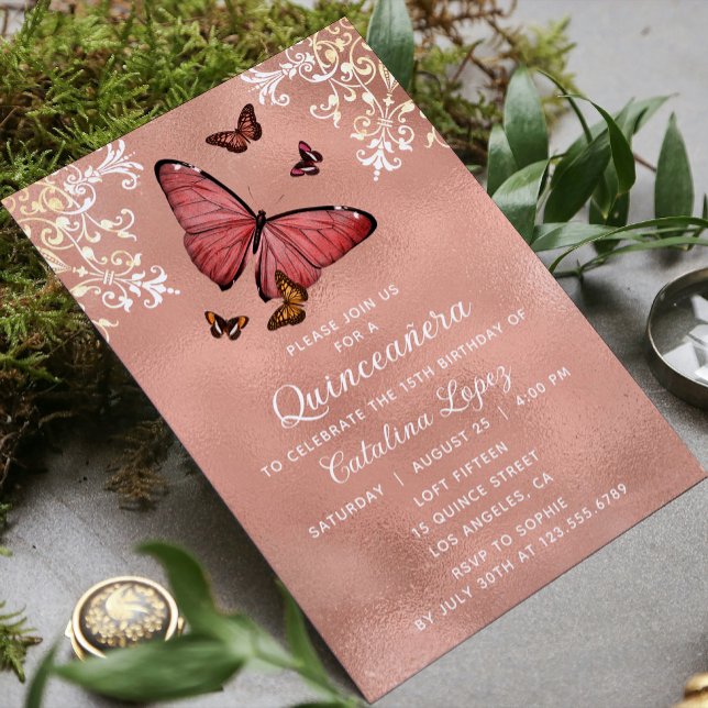 Invitación Elegante Rosa de la mariposa dorada Floral Quincea (Subido por el creador)