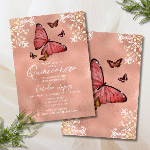 Invitación Elegante Rosa de la mariposa dorada Floral Quincea