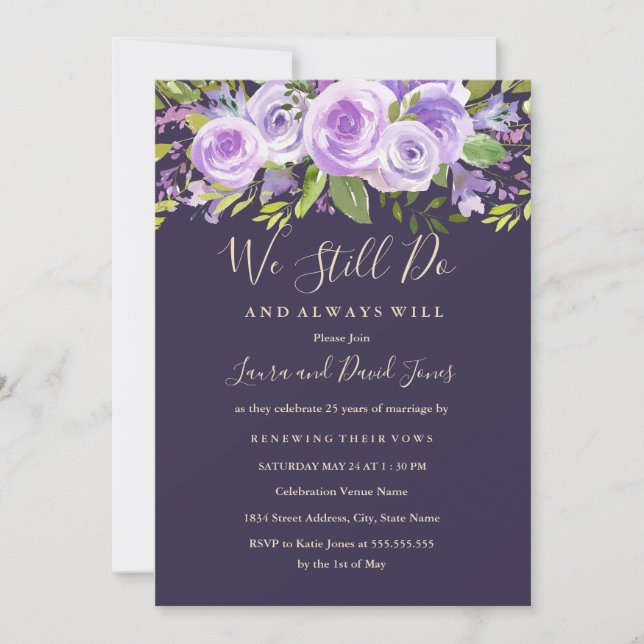 Invitación Elegante Rosa de Lavanda Boda floral Vow Renovació (Anverso)
