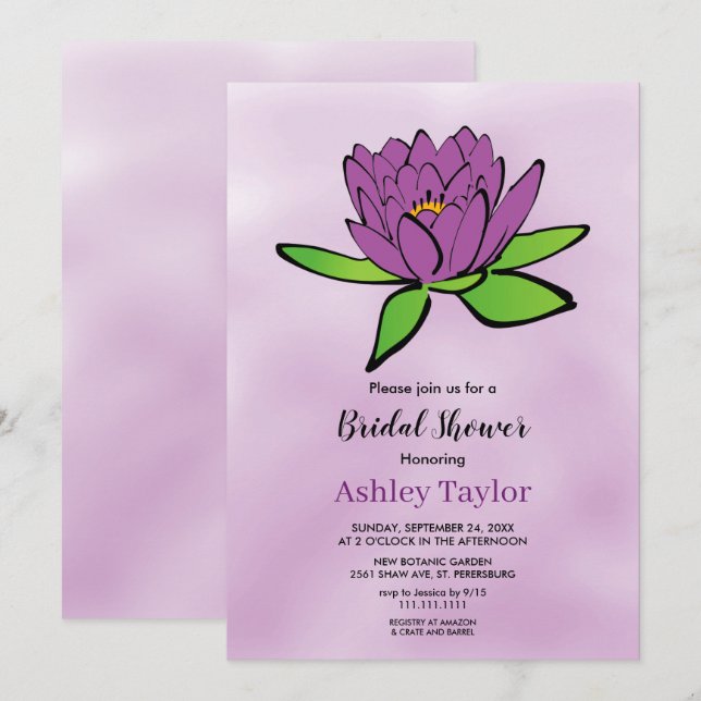 Invitación Elegante rosa de loto morado floral Ducha de novia (Anverso / Reverso)