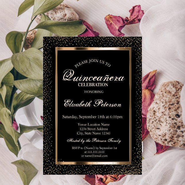 Invitación Elegante Rosa de marco dorado Confetti Quinceañera (Subido por el creador)