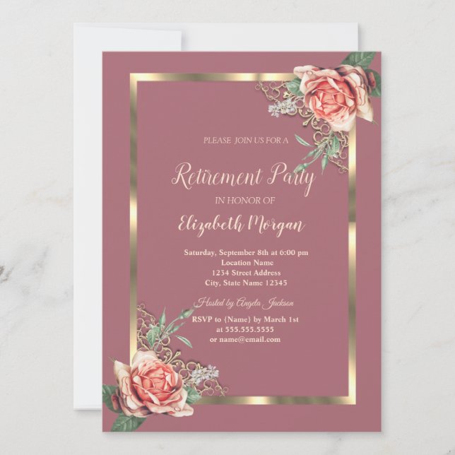 Invitación Elegante Rosa de marco floral dorado (Anverso)