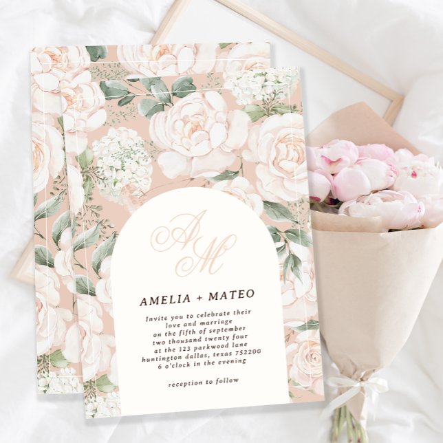 Invitación Elegante Rosa de marfil Boda de arco floral Monogr (Subido por el creador)