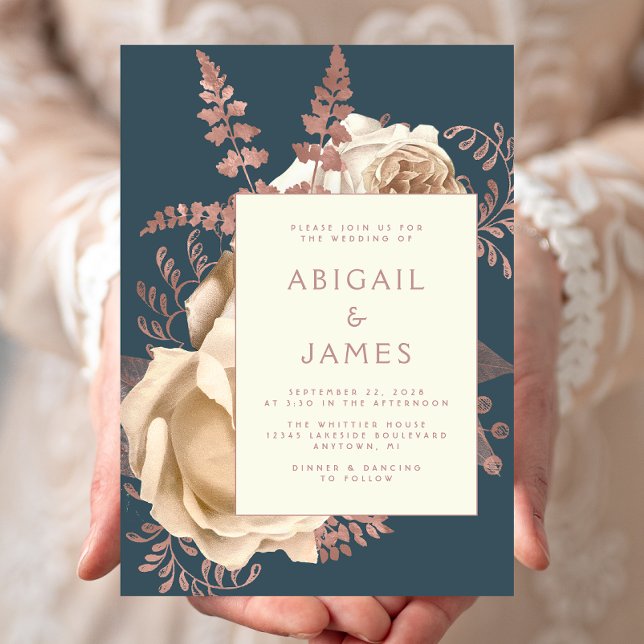 Invitación Elegante Rosa de marfil floral Boda azul Verde azu (Subido por el creador)