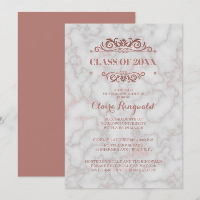 Invitación Elegante Rosa de mármol Clase de Oro del Partido d (Anverso / Reverso)