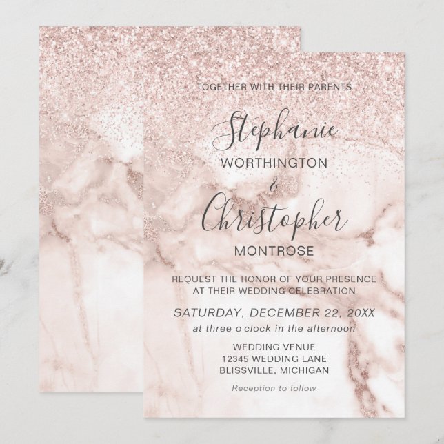 Invitación Elegante Rosa de mármol Purpurina de oro Boda (Anverso / Reverso)