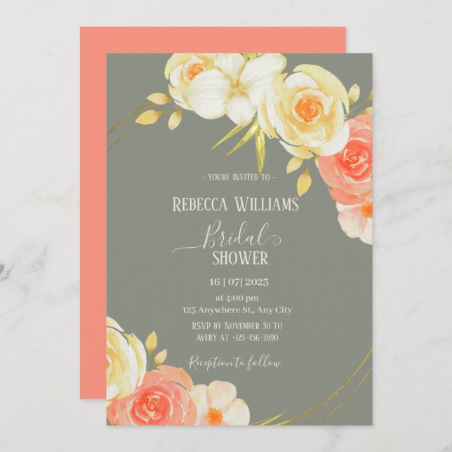 Invitación Elegante Rosa de melocotón acuático y Sage Green f (Anverso / Reverso)