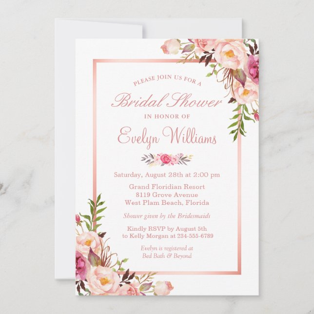 Invitación Elegante Rosa de Moda Dorado Floral Bridal Ducha (Anverso)