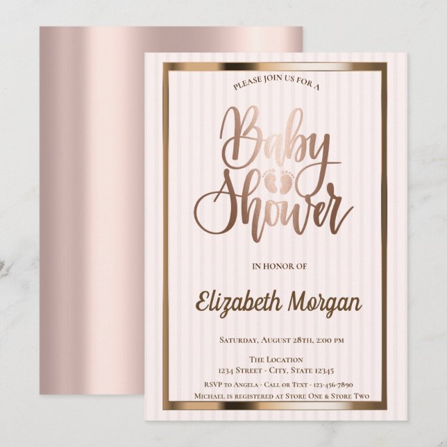 Invitación Elegante Rosa de Moda Gold Striped Baby Shower (Anverso / Reverso)