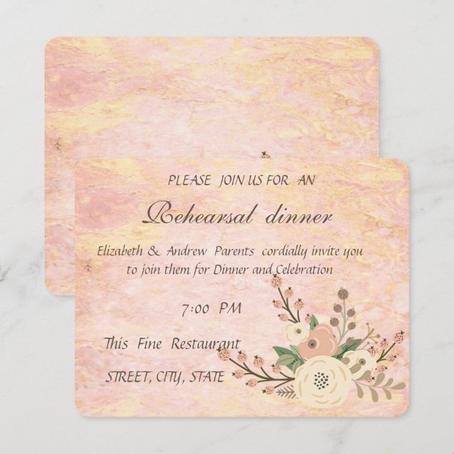 Invitación Elegante Rosa de Moda Marble Ensayo Floral Cena (Anverso / Reverso)