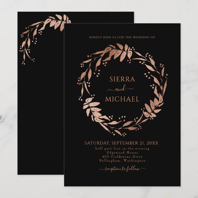 Invitación Elegante Rosa de Moda negra Boda de guirnaldas de  (Anverso / Reverso)
