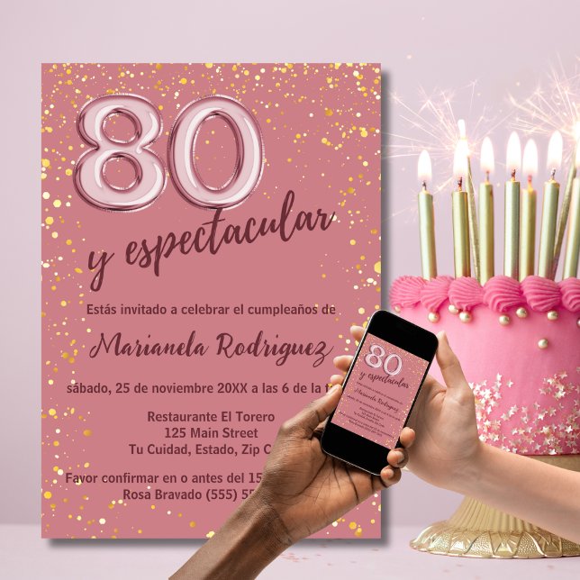 Invitación Elegante Rosa de Moda Oro Rosa 80 cumpleaños Españ (Subido por el creador)