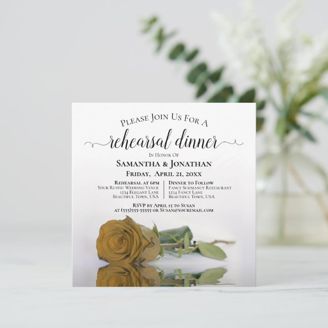 Invitación Elegante Rosa de Ochre de Oro Boda ensayo y cena (Anverso de pie)