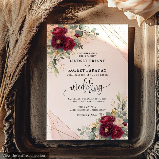 Invitación Elegante rosa de oro borgoñoso de la boda (Elegant Burgundy Blush Gold Roses Floral Wedding Invitation)
