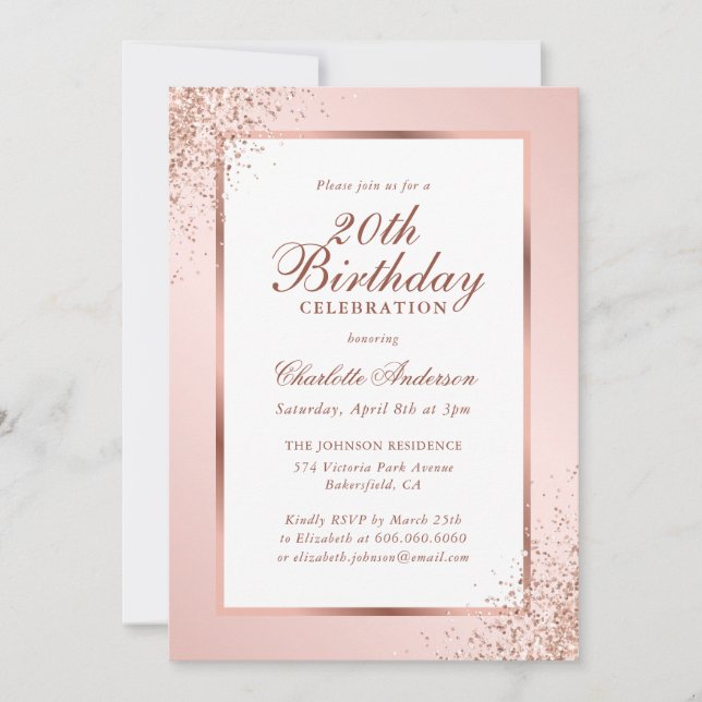 Invitación Elegante Rosa de oro Confetti rosa 20 cumpleaños (Anverso)
