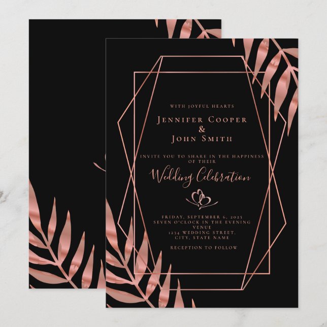 Invitación Elegante Rosa de oro deja Boda negro (Anverso / Reverso)