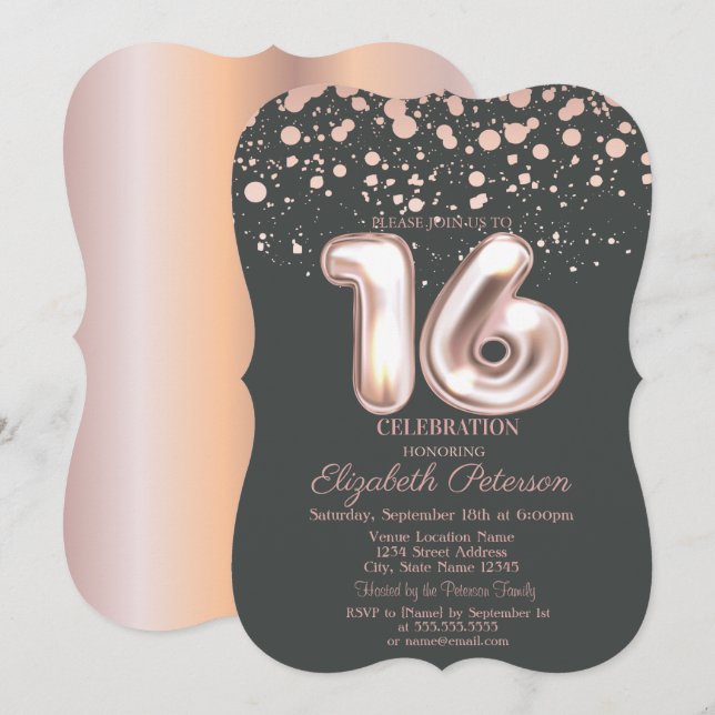 Invitación Elegante Rosa de oro Dots Gray Sweet 16 (Anverso / Reverso)
