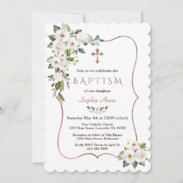 Invitación Elegante Rosa de oro Flores de Crema Blanca Bautis