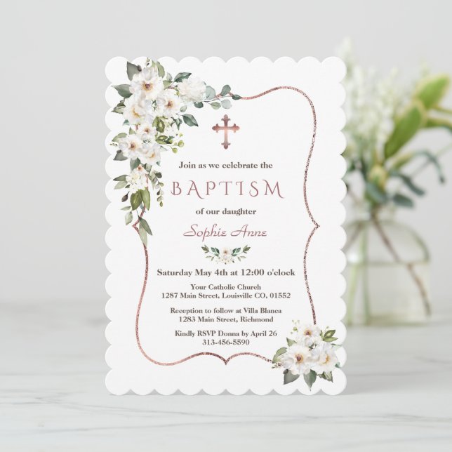 Invitación Elegante Rosa de oro Flores de Crema Blanca Bautis (Anverso de pie)
