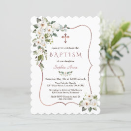 Invitación Elegante Rosa de oro Flores de Crema Blanca Bautis