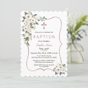 Invitación Elegante Rosa de oro Flores de Crema Blanca Bautis