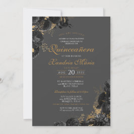 Invitación Elegante Rosa de oro gris negro Floral Quinceanera