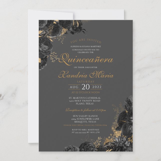 Invitación Elegante Rosa de oro gris negro Floral Quinceanera (Anverso)