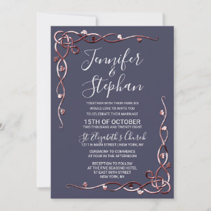 Invitación Elegante Rosa de oro Leafy Vines Boda Azul de la M