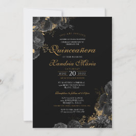 Invitación Elegante Rosa de oro negro Floral Quinceanera