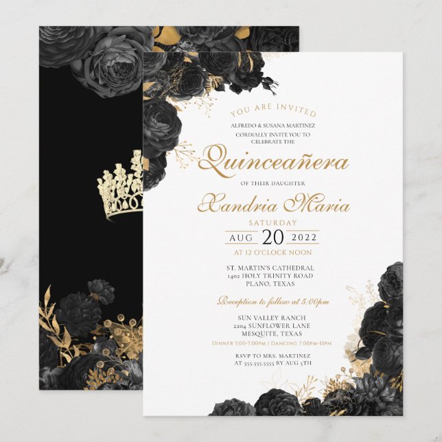 Invitación Elegante Rosa de oro negro Floral Quinceanera (Anverso / Reverso)