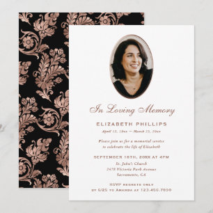 Invitación Elegante Rosa de Oro Negro Foto Memorial